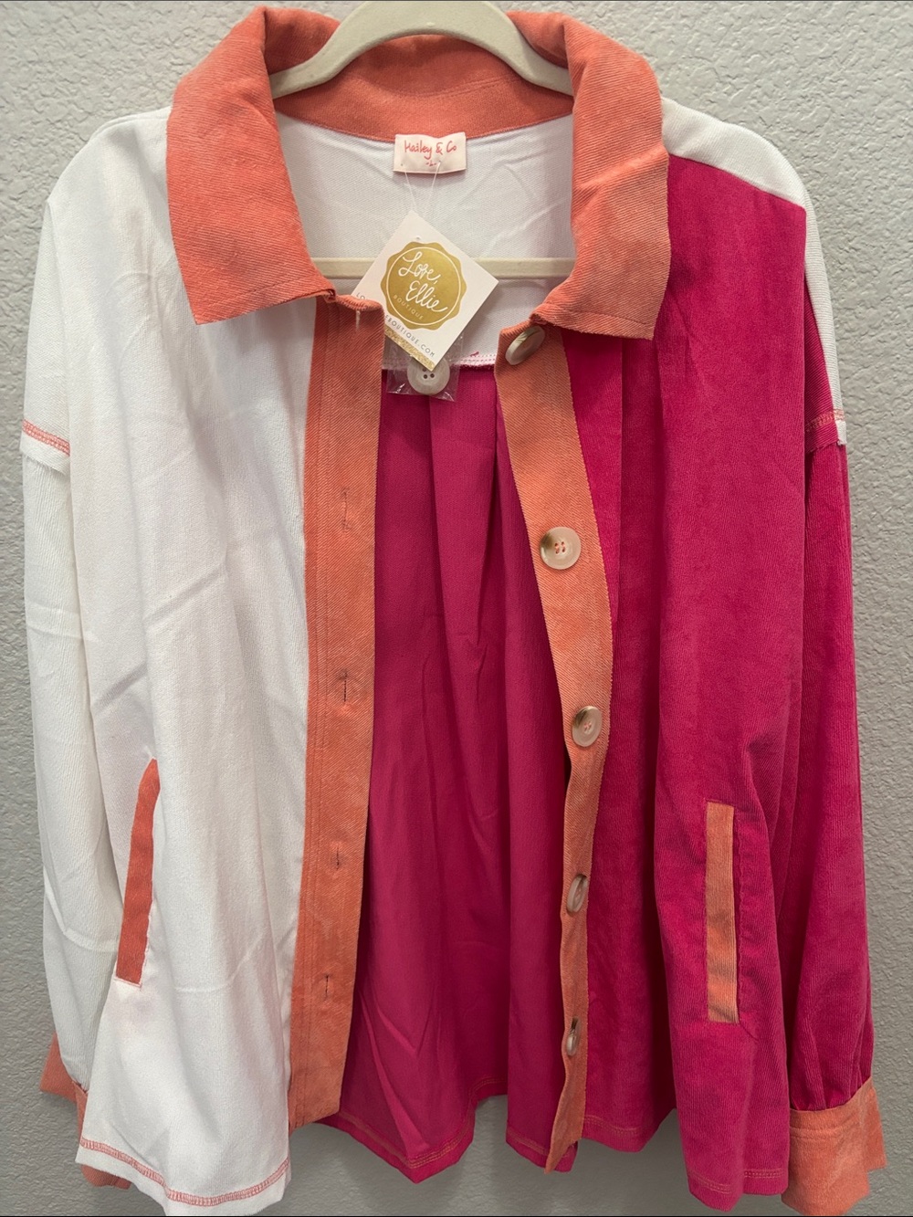 Hailey & Co. Colorblock Button-Down Shirt Jacket - Fuchsia, Coral & White